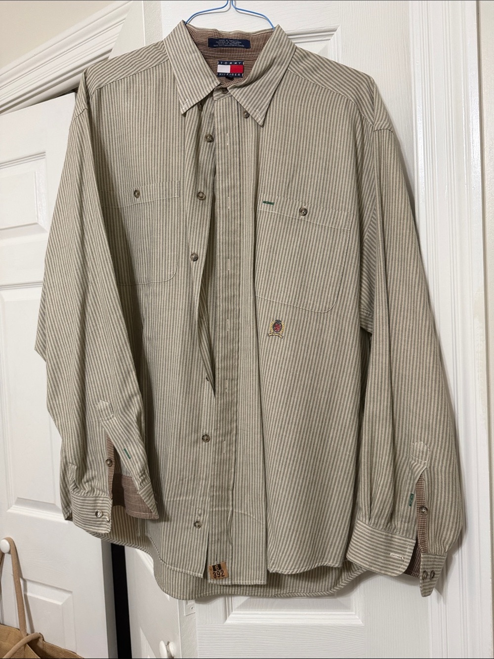 Vintage Tommy Hilfiger Men's Tan Pinstripe Lightweight Buttondown Shirt